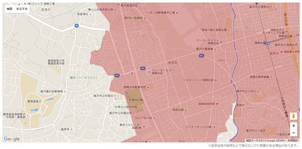 マップ右側にある湘南台駅は人口集中地区ですが、左側の慶応SFCは人口集中地区外