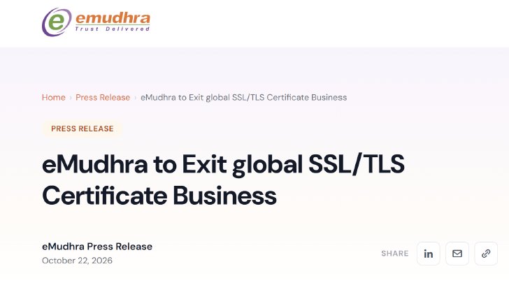 인증기관 eMudhra가 개인키 문제로 SSL/TLS 인증서 사업 철수 – 기존 고객의 인증서를 무료로 교체해 드립니다.